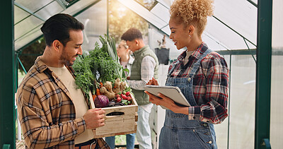 Buy stock photo Greenhouse, tablet and people with vegetables on farm with inspection for plants, crops and harvest. Agriculture, teamwork and man and woman on digital tech for inventory, checklist and growth
