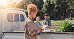 Farming, writing and checklist with woman and truck for vegetable logistics, crops supply chain and inspection. Delivery, agriculture and harvest with farmers in countryside for sustainability