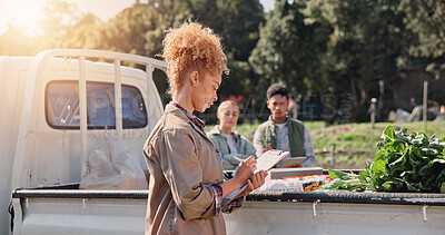Buy stock photo Farming, writing and checklist with woman and truck for vegetable logistics, crops supply chain and inspection. Delivery, agriculture and harvest with farmers in countryside for sustainability