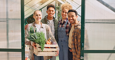 Buy stock photo Greenhouse, farming group and harvest portrait, people happy with crate of vegetable crops and sustainability. Community, farmer and organic produce in box, eco friendly growth and food production