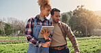 Farmer, tablet or team by crops for growth, development or quality assurance for sustainable business. Woman, man or technology in countryside for inspection, farming or checklist for agriculture