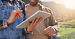 Hands, tablet or team by crops for farming, development or quality assurance for sustainable business. People, happy man or tech in countryside for internet, planning or checklist for agriculture