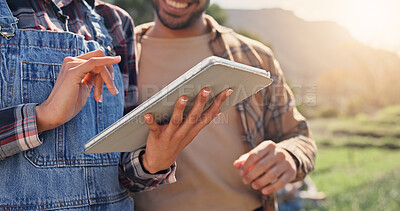 Buy stock photo Hands, tablet or team by crops for farming, development or quality assurance for sustainable business. People, happy man or tech in countryside for internet, planning or checklist for agriculture