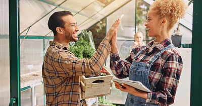 Buy stock photo Vegetables, high five and tablet with woman on farm for food quality checklist, success and agriculture. Sustainability, gardening yield and support with people for team, greenhouse and harvest