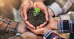 Closeup, group and hands with plants for growth, sustainability and eco friendly for earth day. Above, people and teamwork with green leaves for support, accountability or organic farming in nature