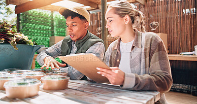 Buy stock photo Business produce, agriculture and people with notes for inventory management, food distribution and counting stock. Sustainable farming, teamwork and clipboard for package checklist and supply chain