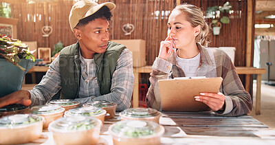 Buy stock photo Business produce, agriculture and people with clipboard for inventory management, food distribution and stock count. Vendor, teamwork and checklist for sustainable farming, supply chain and planning