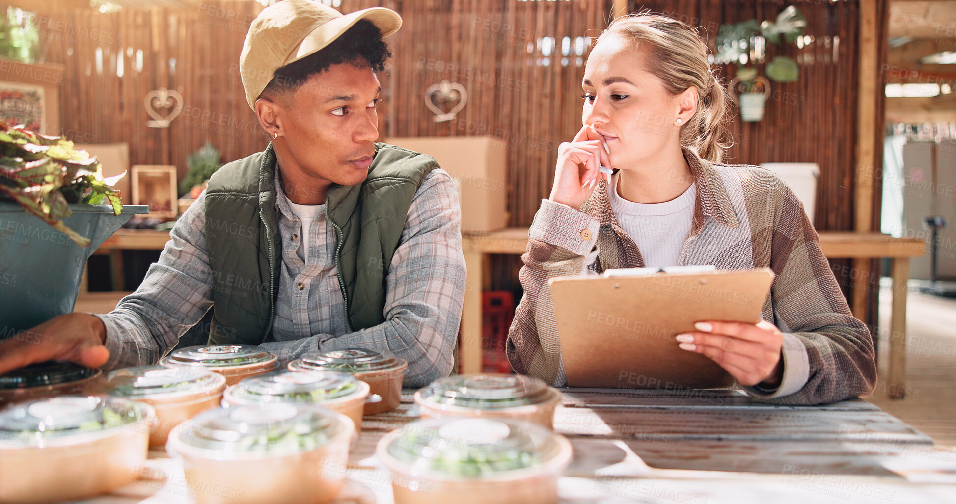 Buy stock photo Business produce, agriculture and people with clipboard for inventory management, food distribution and stock count. Vendor, teamwork and checklist for sustainable farming, supply chain and planning