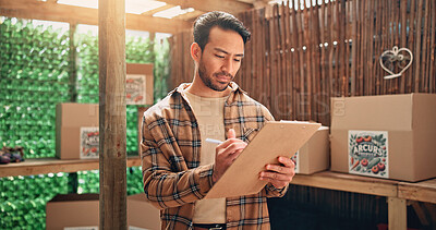 Buy stock photo Agriculture, business and man with clipboard, writing and boxes with fresh produce. Person, farmer and entrepreneur with documents, report for quality control and sustainability with growth and price