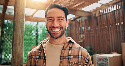 Buy stock photo Greenhouse, farmer and man in portrait with happiness, confidence and outdoor for agro business. Countryside, male person and owner with smile for agriculture, produce production and sustainability