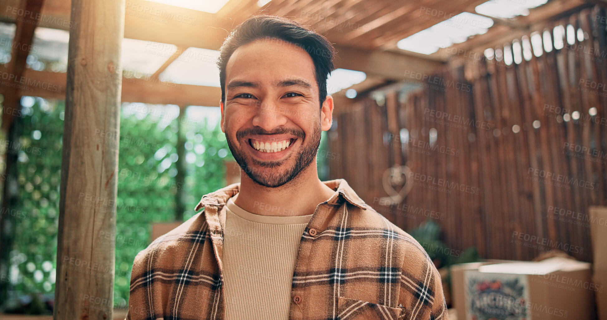 Buy stock photo Greenhouse, farmer and man in portrait with happiness, confidence and outdoor for agro business. Countryside, male person and owner with smile for agriculture, produce production and sustainability