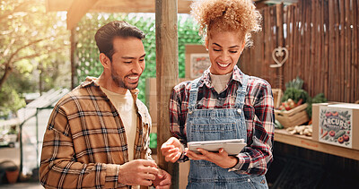 Buy stock photo Small business, man and woman with tablet, vegetables and checking for sales on website, smile and team. Shop, entrepreneur and people with tech for online order, happy and store with healthy food