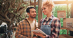 Farm, man and woman with tablet, vegetables and checking for sales on website, smile and small business. Shop, entrepreneur and people with tech for online order, happy and store with healthy food