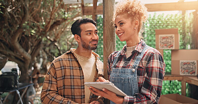 Buy stock photo Farm, man and woman with tablet, vegetables and checking for sales on website, smile and small business. Shop, entrepreneur and people with tech for online order, happy and store with healthy food