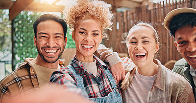 Buy stock photo Selfie, happy and people in community farming club, agriculture or sustainability for social media post. Friends, smile and profile picture for eco friendly group, agro team and memory in portrait