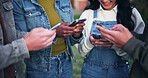 Phone, hands and group networking on social media, mobile app or network for streaming online. Community, people and students sharing data, music or internet news in friends circle for communication