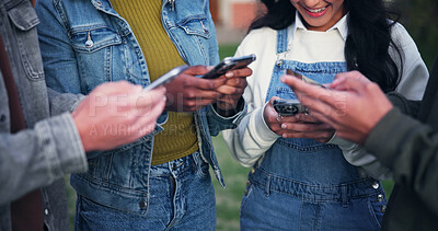 Buy stock photo Phone, hands and group networking on social media, mobile app or network for streaming online. Community, people and students sharing data, music or internet news in friends circle for communication
