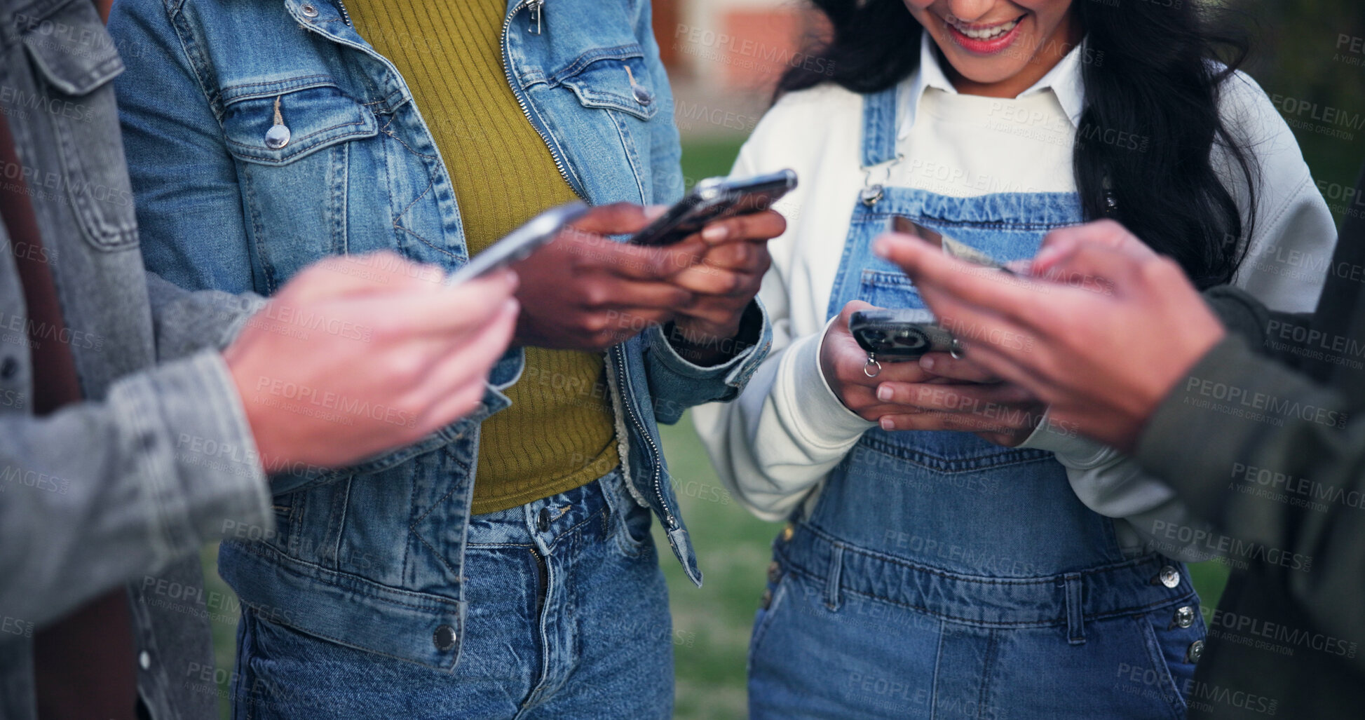 Buy stock photo Phone, hands and group networking on social media, mobile app or network for streaming online. Community, people and students sharing data, music or internet news in friends circle for communication