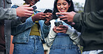 Phone, group and friends networking on social media, mobile app or network for streaming online. Community, people and students sharing data, music or internet news in circle for communication