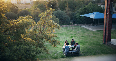 Buy stock photo Above, outdoor and students with university, relax and bonding together with education. People, college and friends with lunch break, brainstorming and discussion with creativity and support
