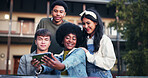 Happy, students and friends with selfie at university for education, learning and knowledge at college. School campus, emoji and men and women with peace sign for social media, post and picture