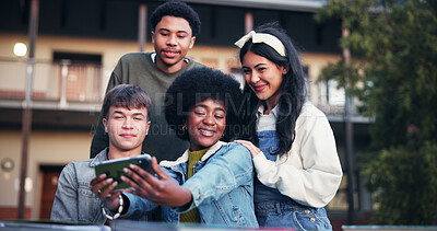 Buy stock photo Happy, students and friends with selfie at university for education, break and smile at college. School campus, group and men and women with photo for social media, online post and profile picture