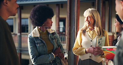 Buy stock photo School, college and teacher with students talking in corridor greeting for learning, lesson and education. University, academy and lecturer with people for feedback, conversation and knowledge