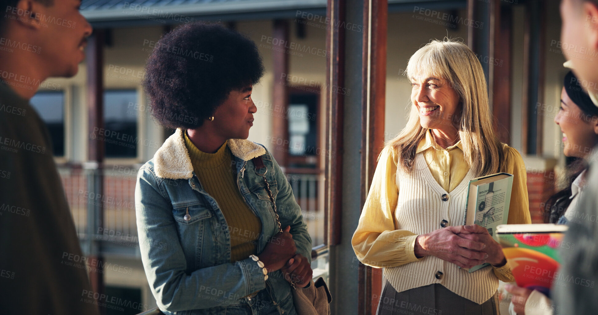 Buy stock photo School, college and teacher with students talking in corridor greeting for learning, lesson and education. University, academy and lecturer with people for feedback, conversation and knowledge