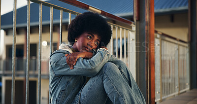 Buy stock photo Student, girl and thinking with depression, sad and pressure for test, confused and burnout. Brain fog, outdoor or African person on ground, anxiety or bored with education, tired or doubt for future