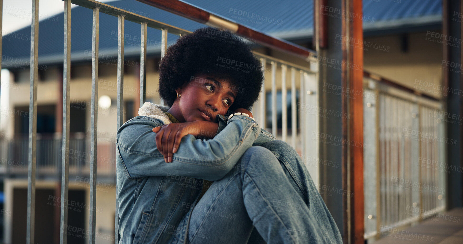 Buy stock photo Student, girl and thinking with depression, sad and pressure for test, confused and burnout. Brain fog, outdoor or African person on ground, anxiety or bored with education, tired or doubt for future