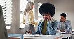 Exam, high school or student in classroom with stress, test or unprepared for assignment. Woman educator, teenager girl or quiz notes in academy with doubt, growth assessment or anxiety for questions