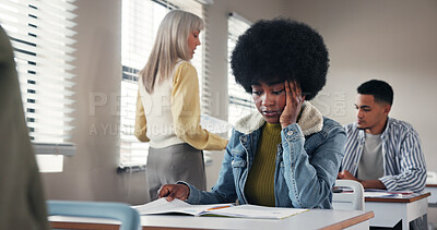 Buy stock photo Exam, high school or student in classroom with stress, test or unprepared for assignment. Woman educator, teenager girl or quiz notes in academy with doubt, growth assessment or anxiety for questions