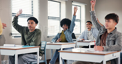 Buy stock photo Question, hands up and students in class with answer for lesson, learning and education. University, exam and people with gesture for asking, feedback and knowledge for assessment in high school