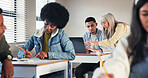 Classroom, teacher and helping student with laptop for online lesson, education support or assignment assistance. Educator, boy and high school app for explaining curriculum, test knowledge and study