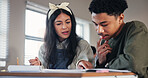 Education, tutor and test with students in classroom for high school academy, future and scholarship. Entrance exams, studying and learning assessment with people on campus for knowledge and help