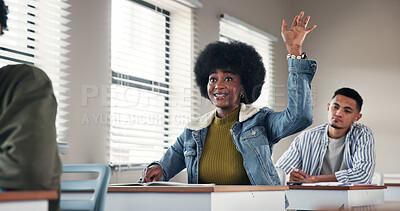 Buy stock photo Question, hands up and girl in classroom with answer for lesson, learning and education. University, academy and people listening with gesture for asking, feedback and knowledge for assessment