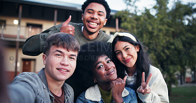 Buy stock photo Happy, students and portrait of friends with selfie for education, break and smile at university. School campus, picture and men and women with peace sign emoji for social media, post and memory