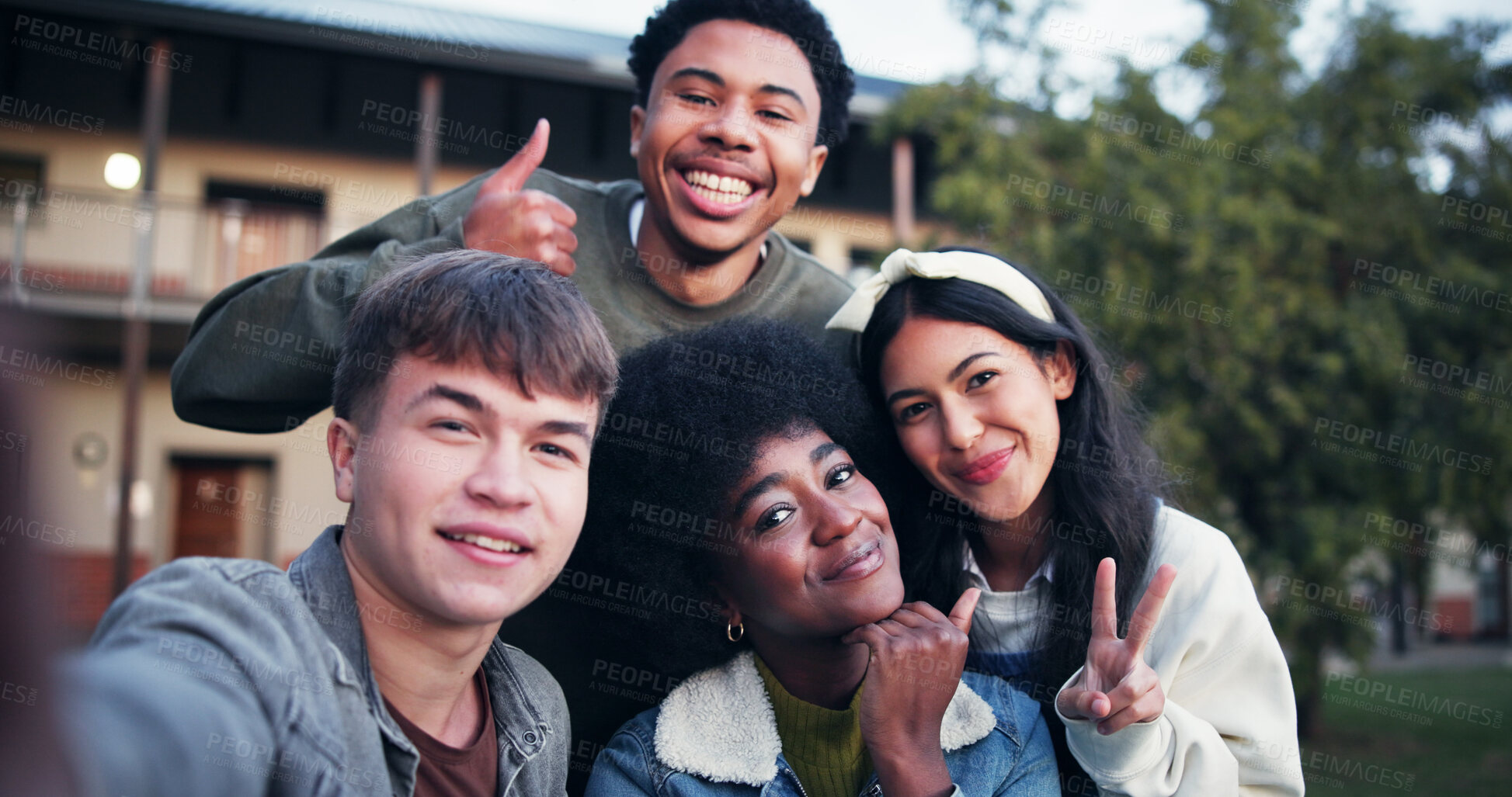 Buy stock photo Happy, students and portrait of friends with selfie for education, break and smile at university. School campus, picture and men and women with peace sign emoji for social media, post and memory