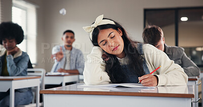 Buy stock photo Girl, tired and sleeping with notebook in classroom for education, development and scholarship at high school. Student, brain fog and fatigue with books, learning and exhausted with notes at academy