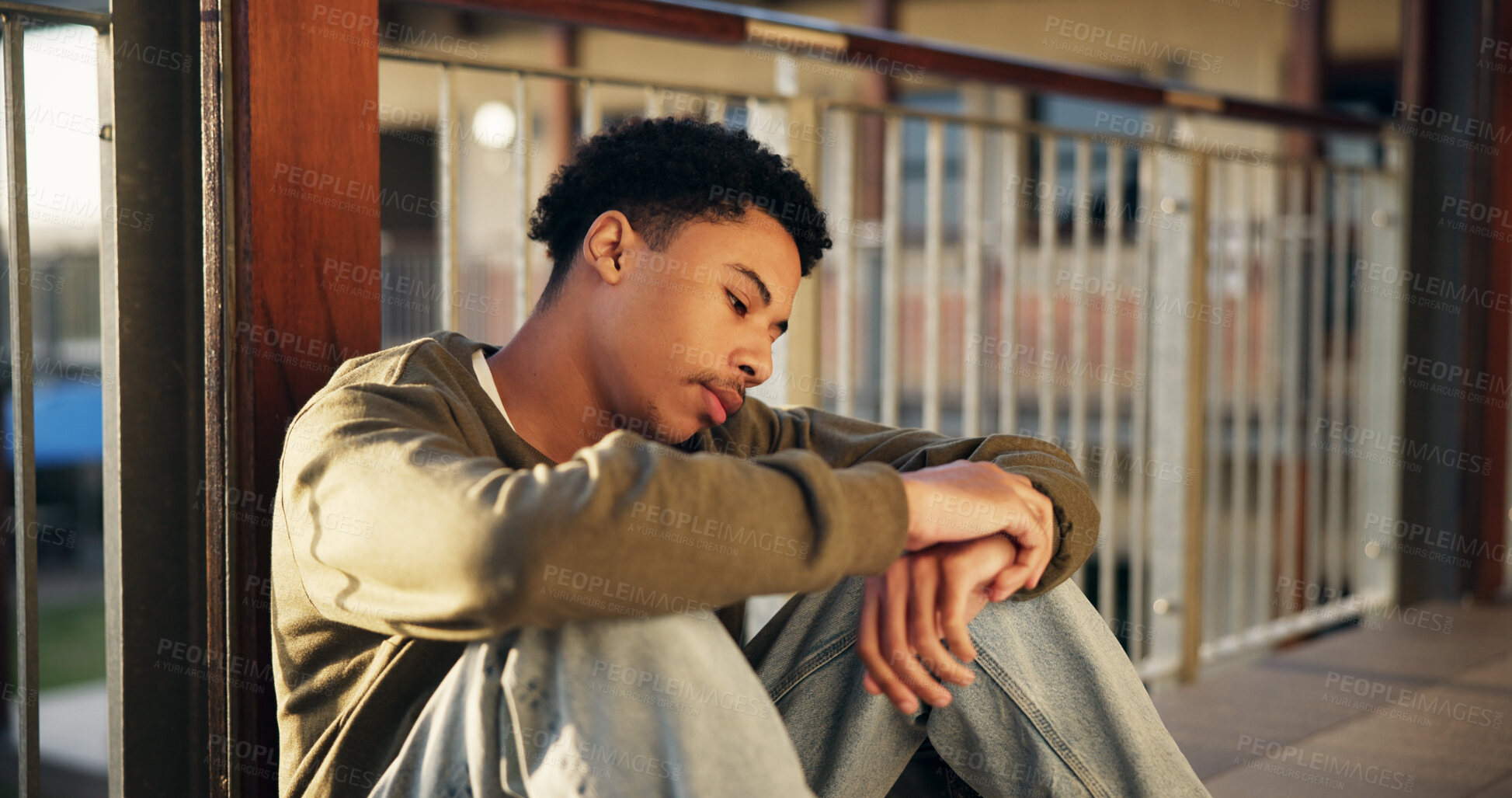 Buy stock photo Student, boy and thinking with depression, sad and pressure for test, confused and fatigue. Brain fog, outdoor or person on ground, anxiety or bored with education, burnout or doubt for future