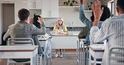 Buy stock photo Education, teacher and students with answer in classroom for academic question, problem solving or knowledge. People, educator or learners in high school with hands raised for lesson opinion or ideas
