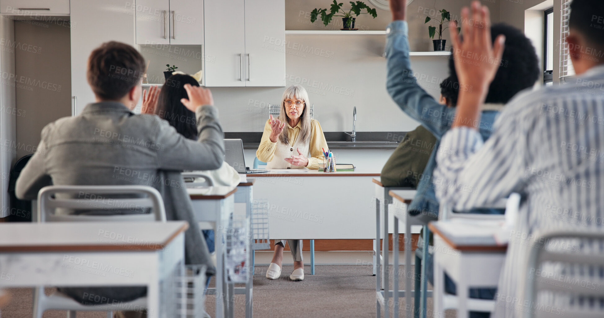 Buy stock photo Education, teacher and students with answer in classroom for academic question, problem solving or knowledge. People, educator or learners in high school with hands raised for lesson opinion or ideas