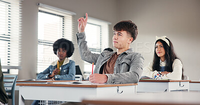 Buy stock photo Question, hands up and boy in classroom with answer for lesson, learning and education. High school, academy and students with gesture for asking, feedback and knowledge development for assessment