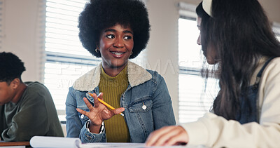 Buy stock photo Learning, tutor and teaching with students in classroom for high school academy, future and scholarship. Entrance exams, studying and education assessment with people on campus for knowledge and help