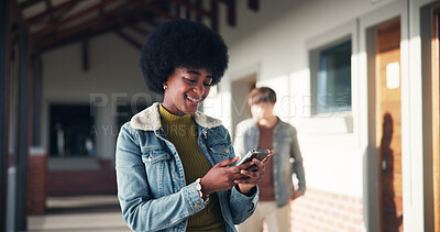 Buy stock photo Phone, education and happy with girl at school for University application, news and communication app. College admissions, learning portal and future with student on campus for mobile and scholarship