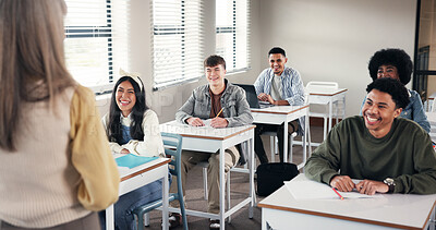 Buy stock photo Education, teacher and smile with people in classroom for high school academy, future or scholarship. Entrance exams, studying and learning assessment with students on campus for knowledge and lesson