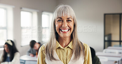 Buy stock photo Happy, woman and portrait of teacher at school for career in education, confidence and smile. Professional, job and mature female educator with knowledge for teaching in classroom at academy.