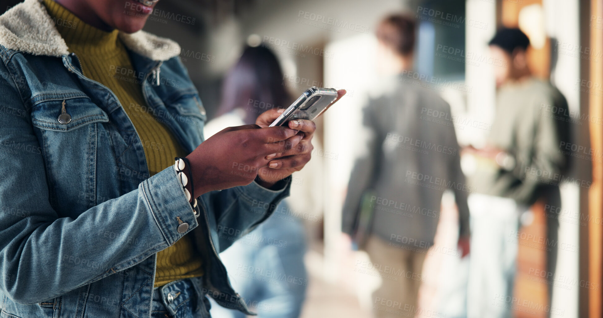 Buy stock photo Phone, education and hands with person at school for University application, news and communication. College admissions, learning portal and closeup with student on campus for mobile and scholarship