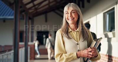 Buy stock photo Thinking, woman and mature teacher at school for career in education, confidence and smile. Ideas, books and happy female educator with knowledge for teaching outdoor at campus or academy with pride.