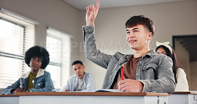 Buy stock photo Question, hands up and student in classroom with answer for lesson, learning and education. University, school and people listening with gesture for asking, feedback and knowledge for assessment